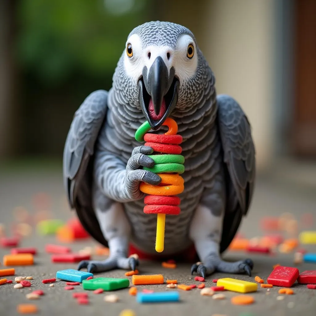 African Grey Parrot Enjoying a Toy