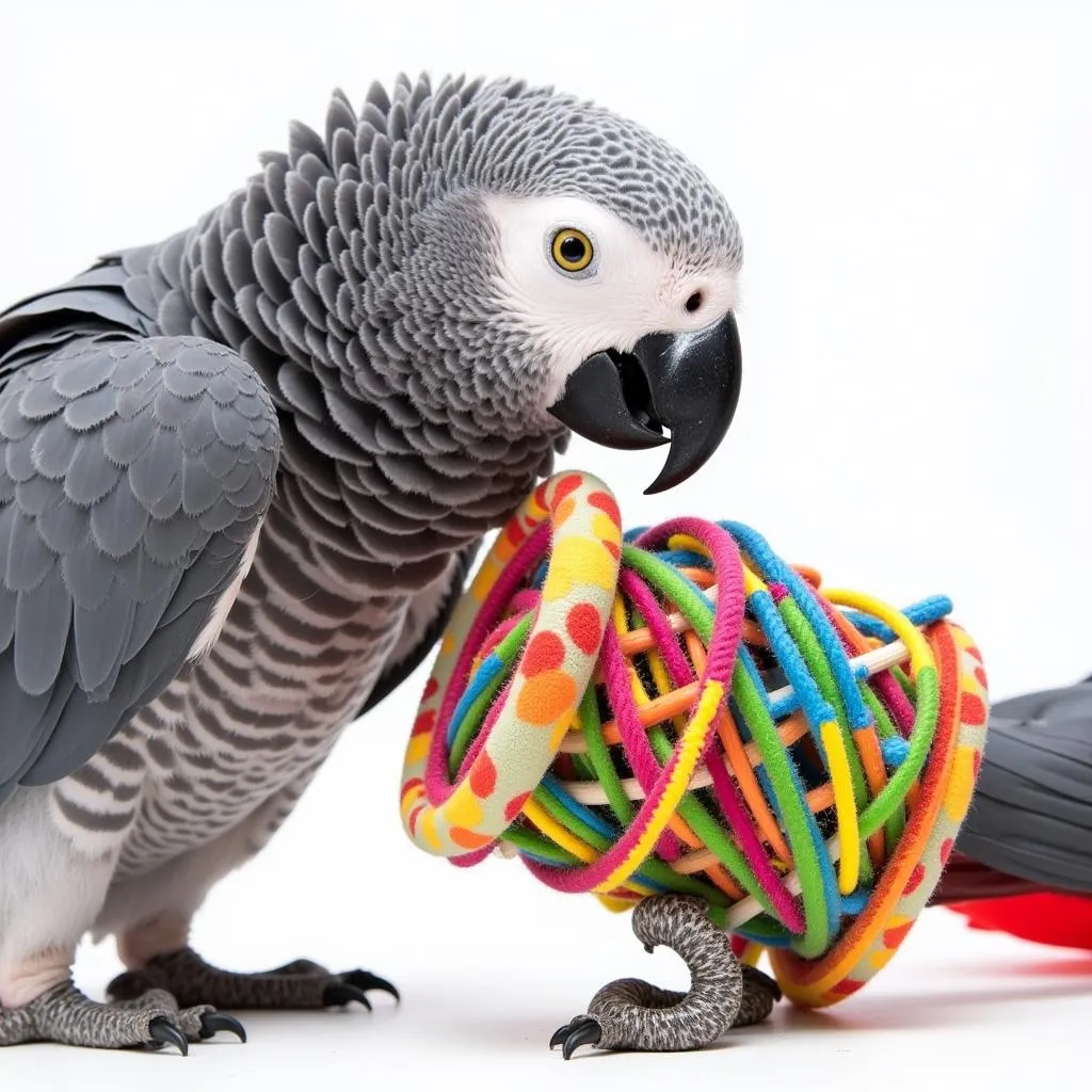 African Grey parrot playing with toy