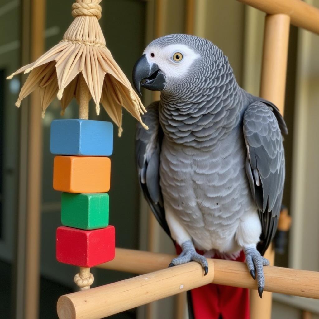 An African Grey Parrot engaging with a colorful bird toy