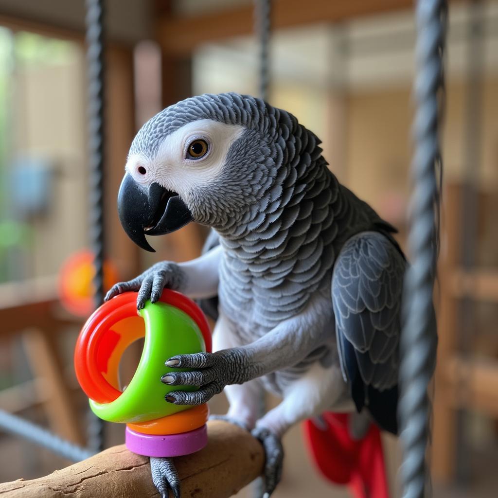 African Grey Parrot Engaged with Enrichment Toy