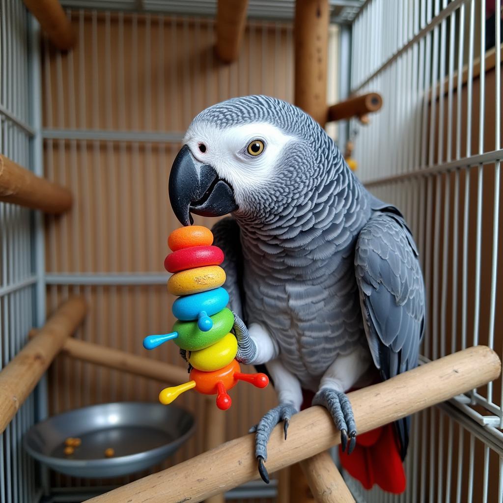 African Grey Parrot with Enrichment Toys