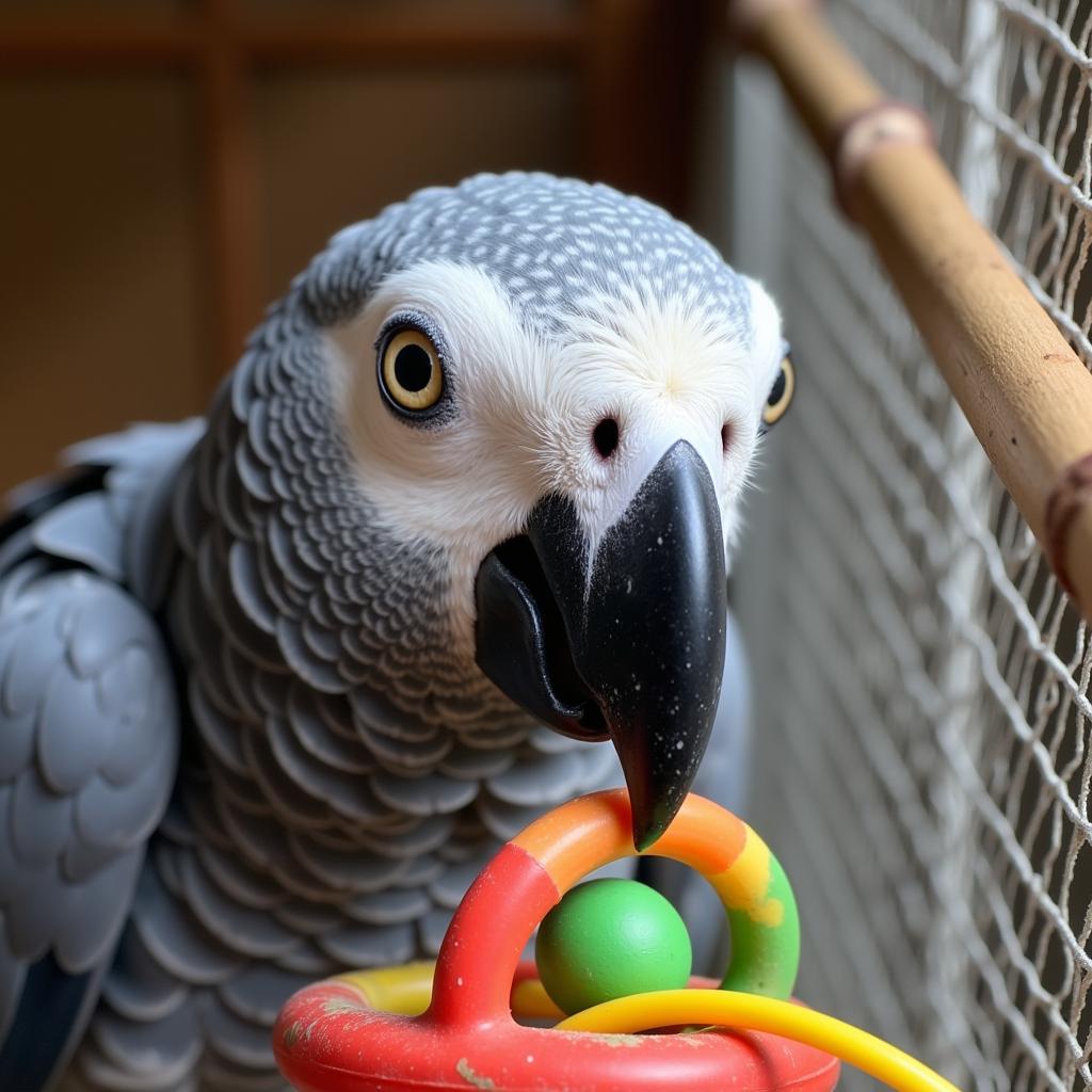 African Grey Parrot engaging with a colorful toy inside its cage