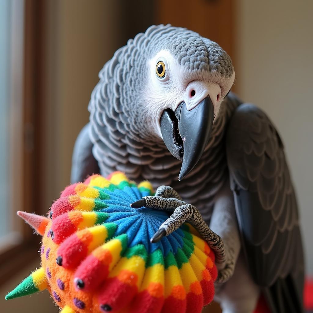 African Grey Parrot Entertained by Toy