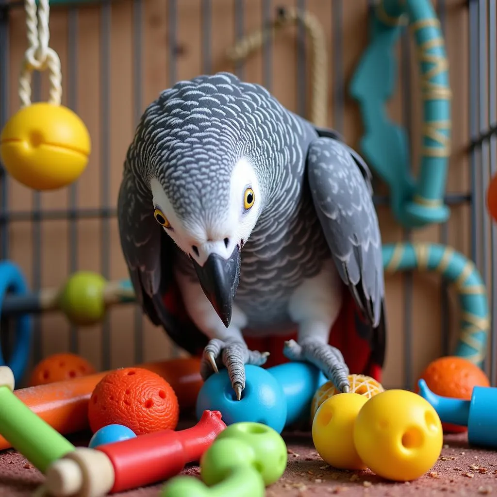 African grey parrot playfully interacting with toys