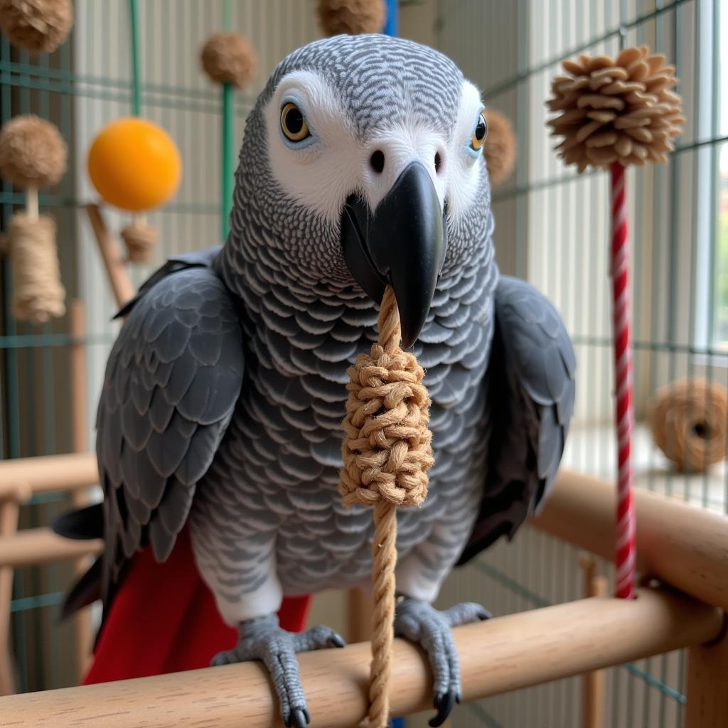 African Grey Parrot Playing with Toys