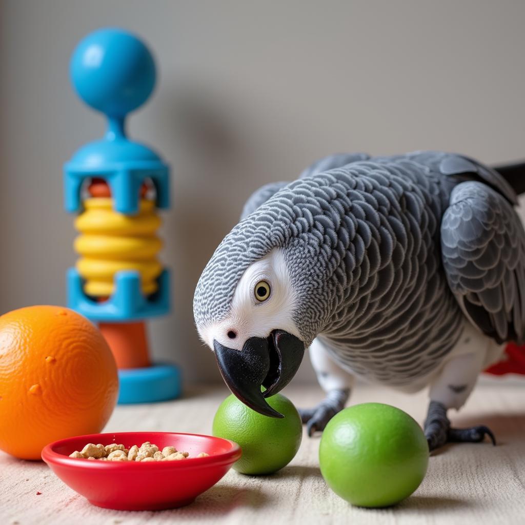 African Grey Parrot Playing With Toys