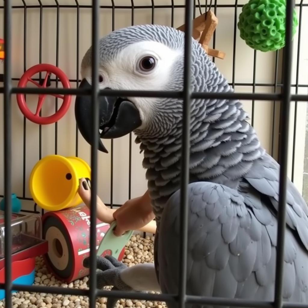 African Grey Parrot Engaging with Toys in a Delhi Home