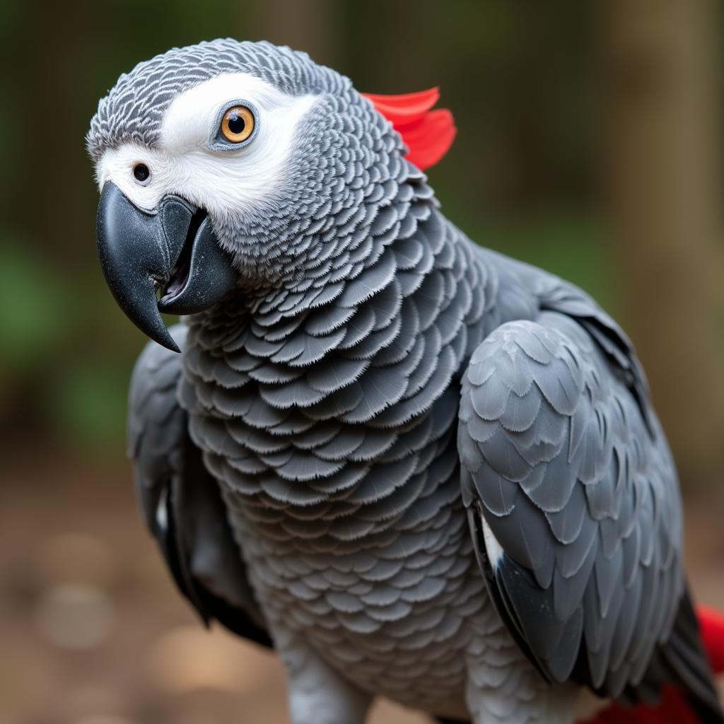 African grey parrot plucking feathers around its neck