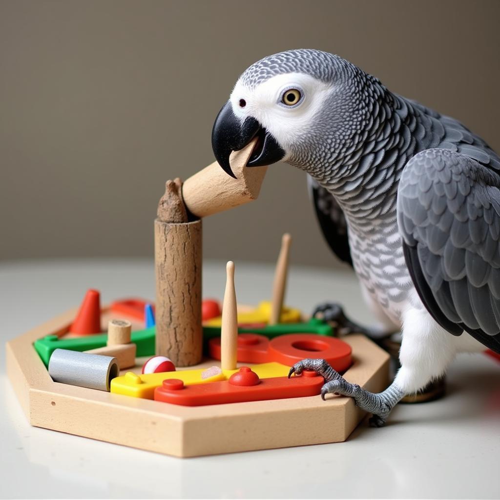 An African grey parrot engaged in a problem-solving task