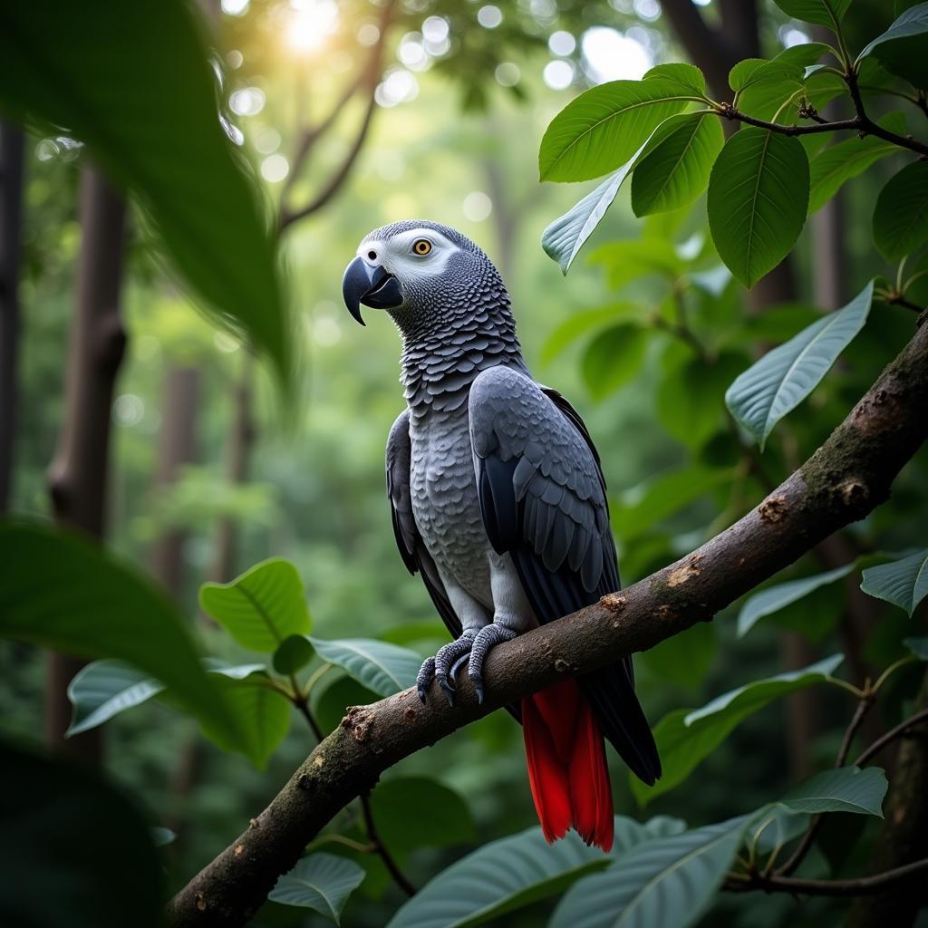 African Grey Parrot in Rainforest Canopy