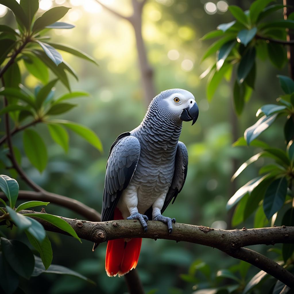 African grey parrot perched on a branch in its natural rainforest habitat