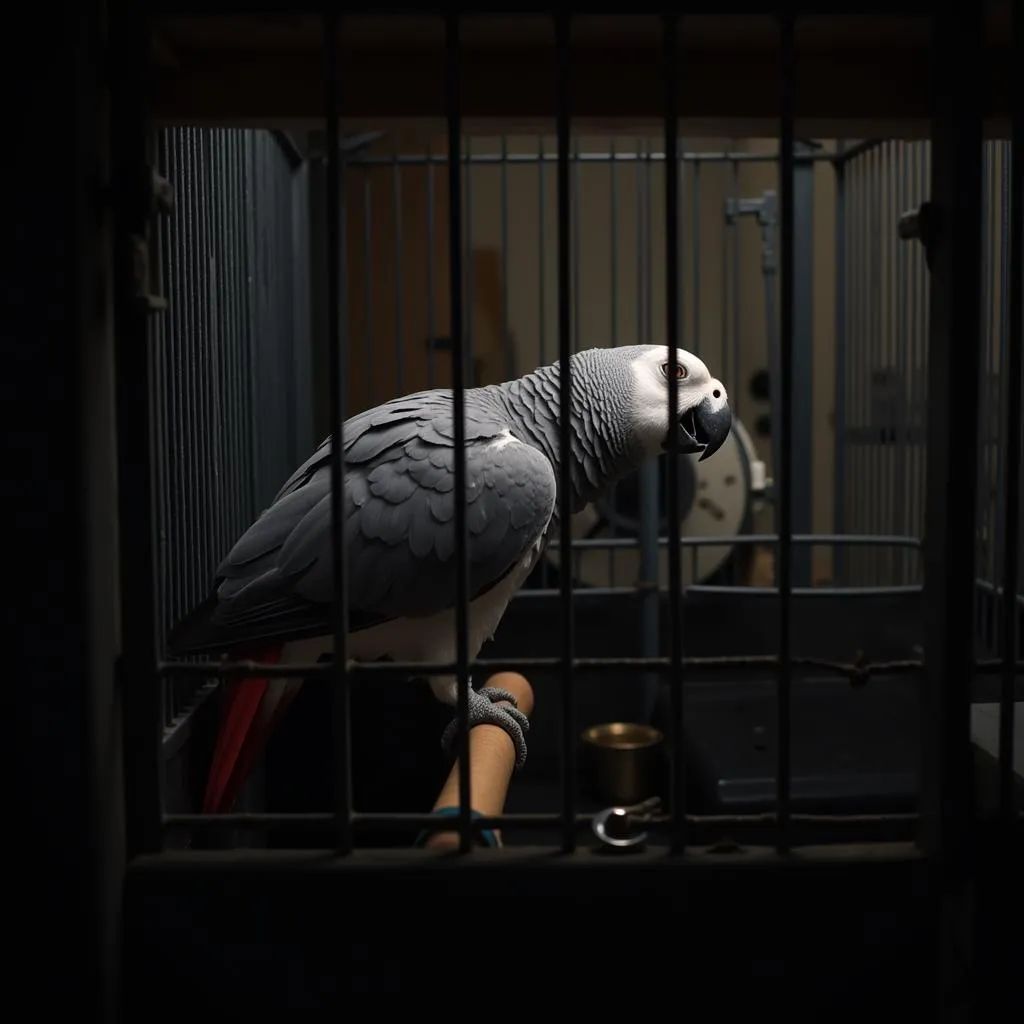 African grey parrot comfortably settled for sleep in a dimly lit room