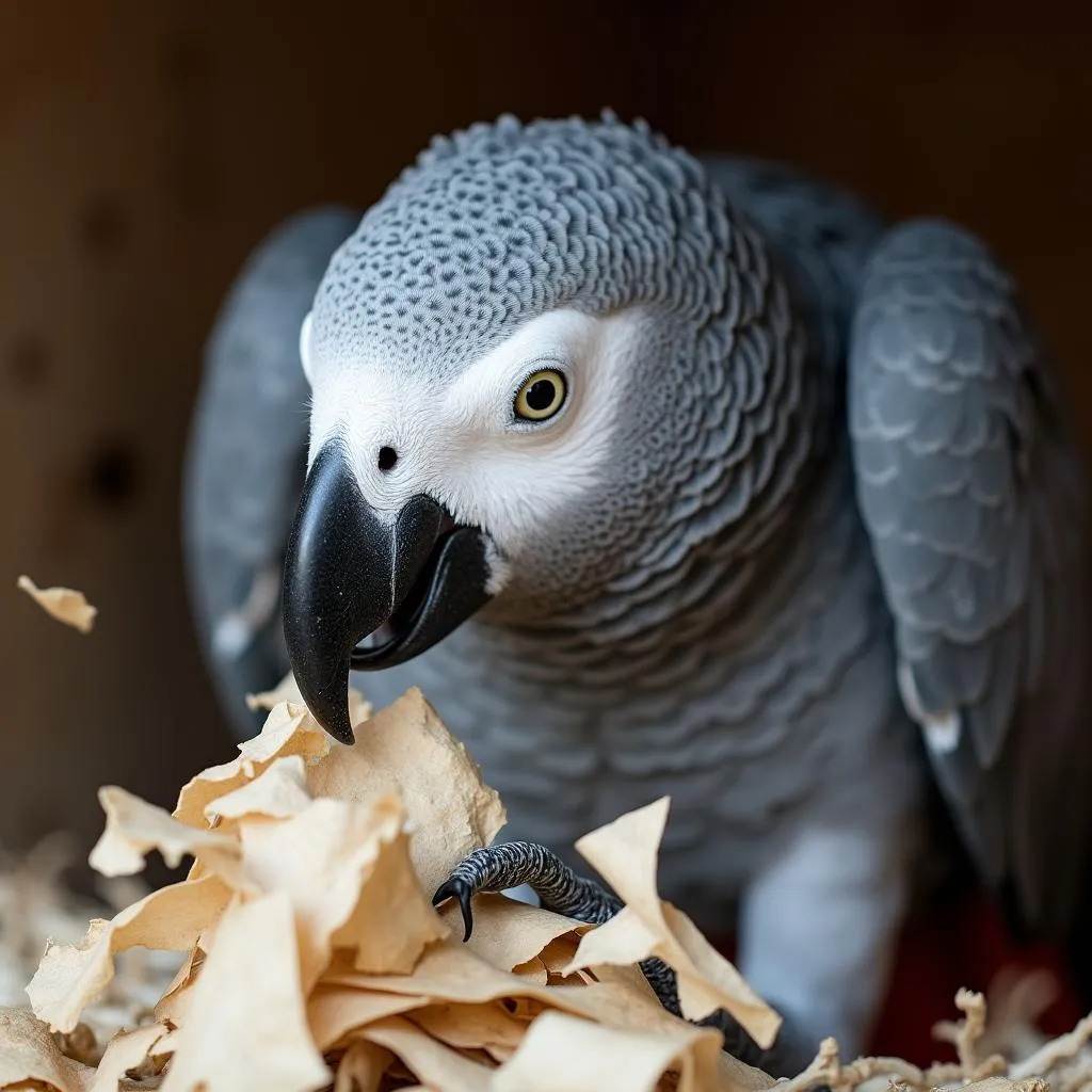 African Grey Parrot Exhibiting Nesting Behavior