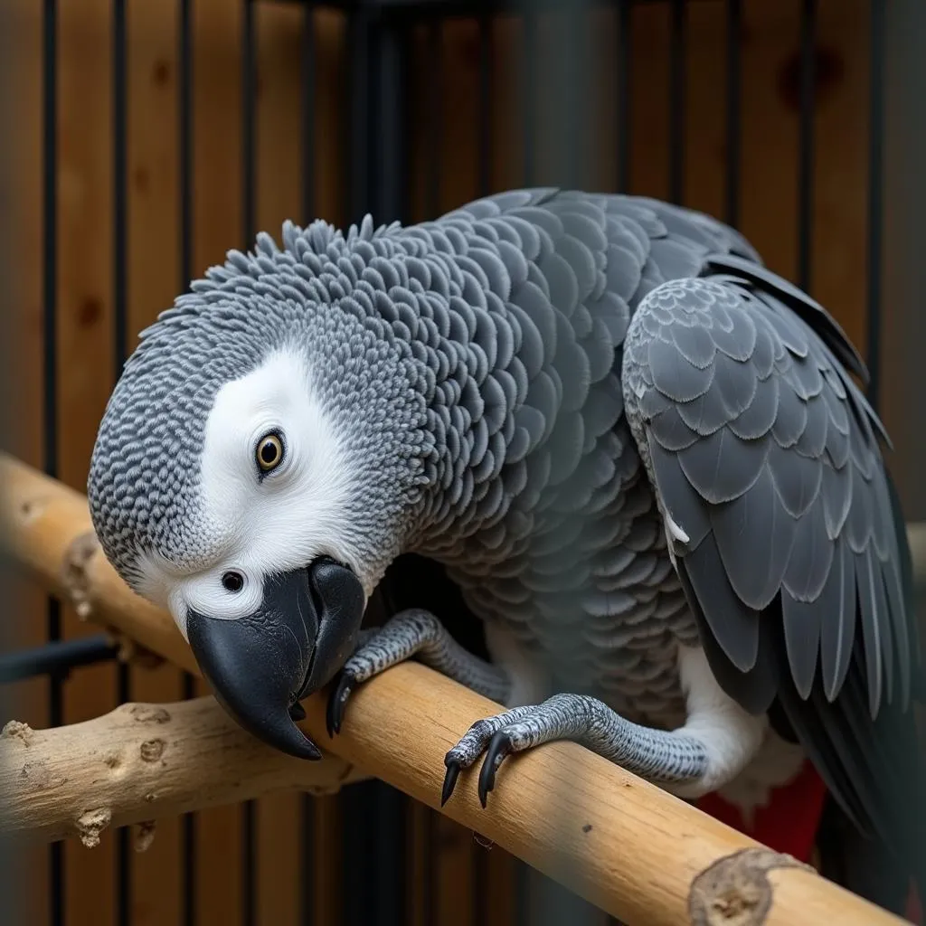 African grey parrot sleeping peacefully in a cage