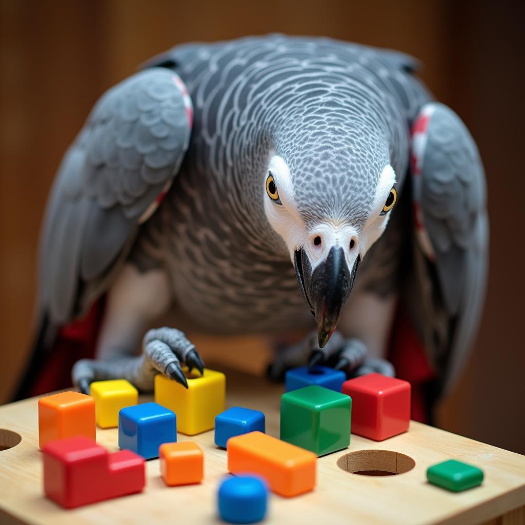 African Grey Parrot solving a puzzle