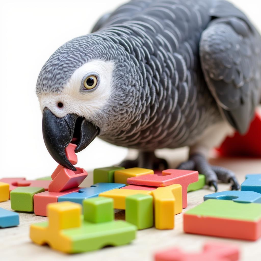 An African Grey Parrot Deep in Thought as it Solves a Puzzle