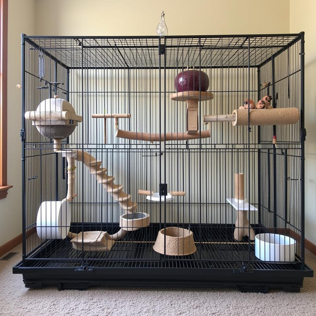 An appropriately sized cage and setup for an African Grey Parrot