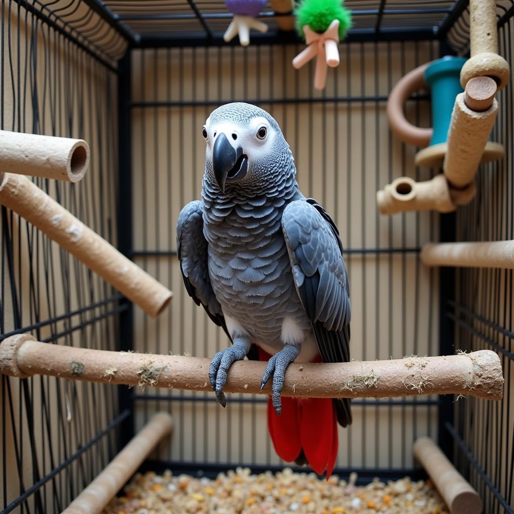 African Grey Parrot in its Cage with Toys