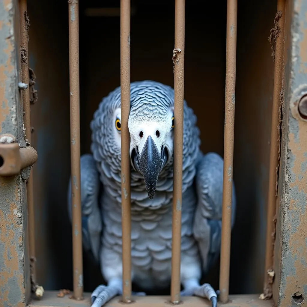 African grey parrot in a cage