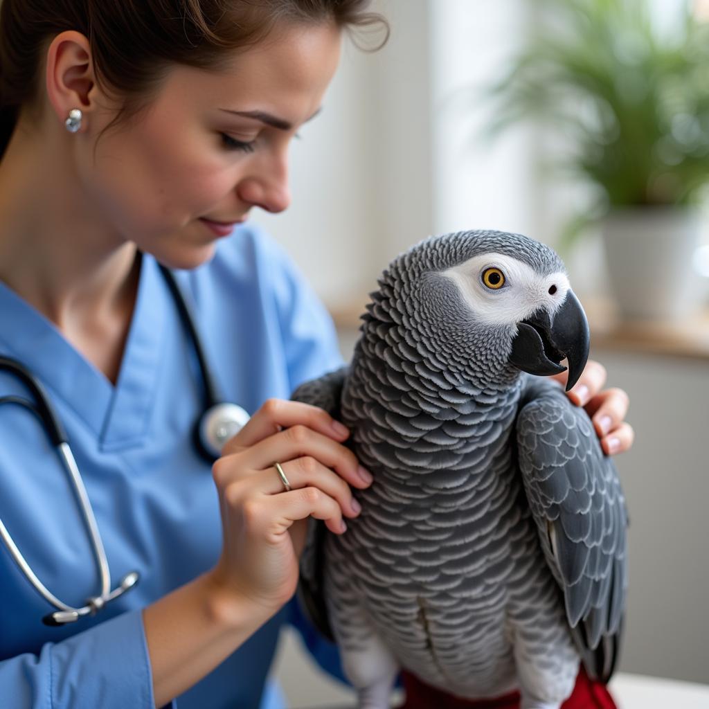 African Grey Parrot Undergoing a Veterinary Checkup for Feather Loss