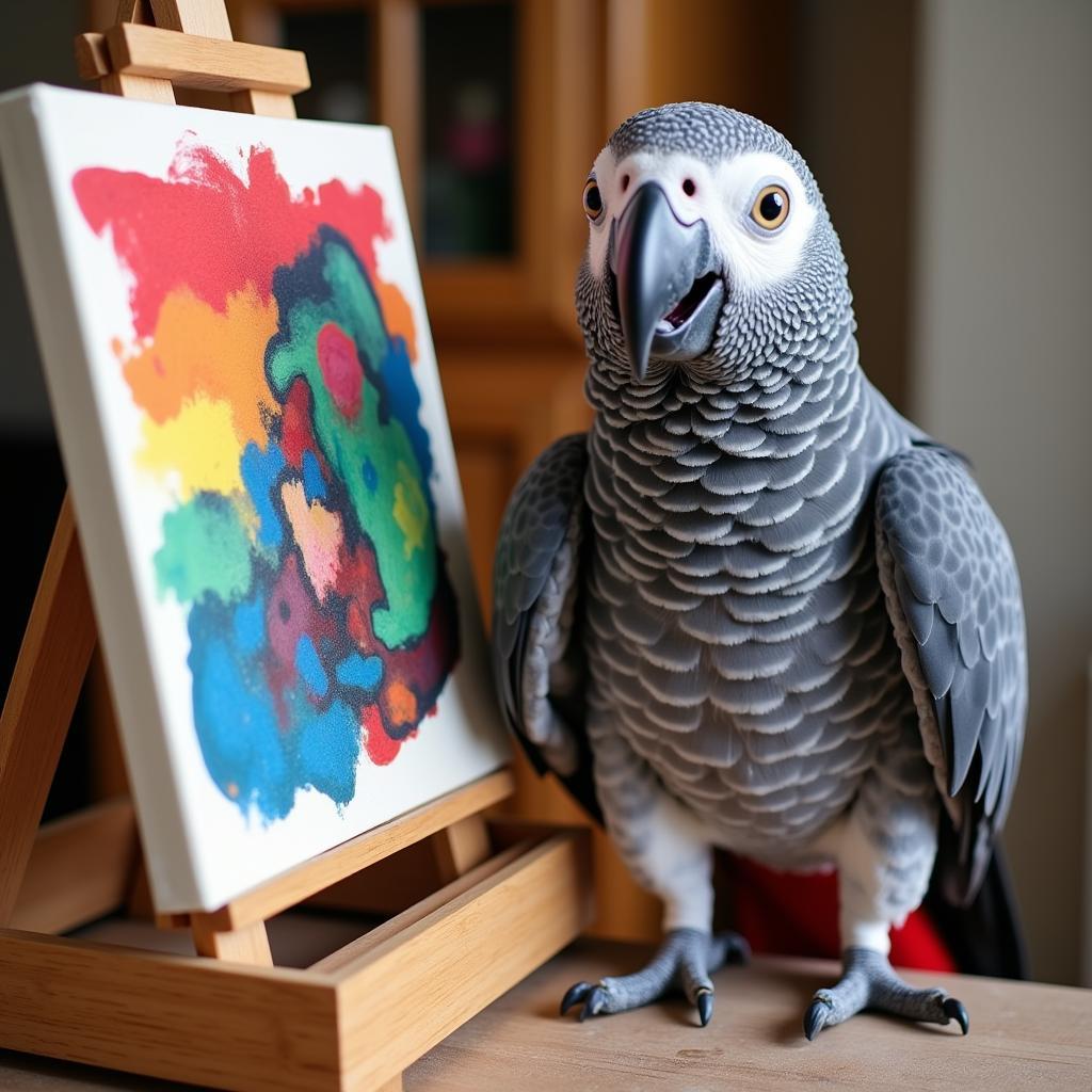 African Grey Parrot with Finished Painting