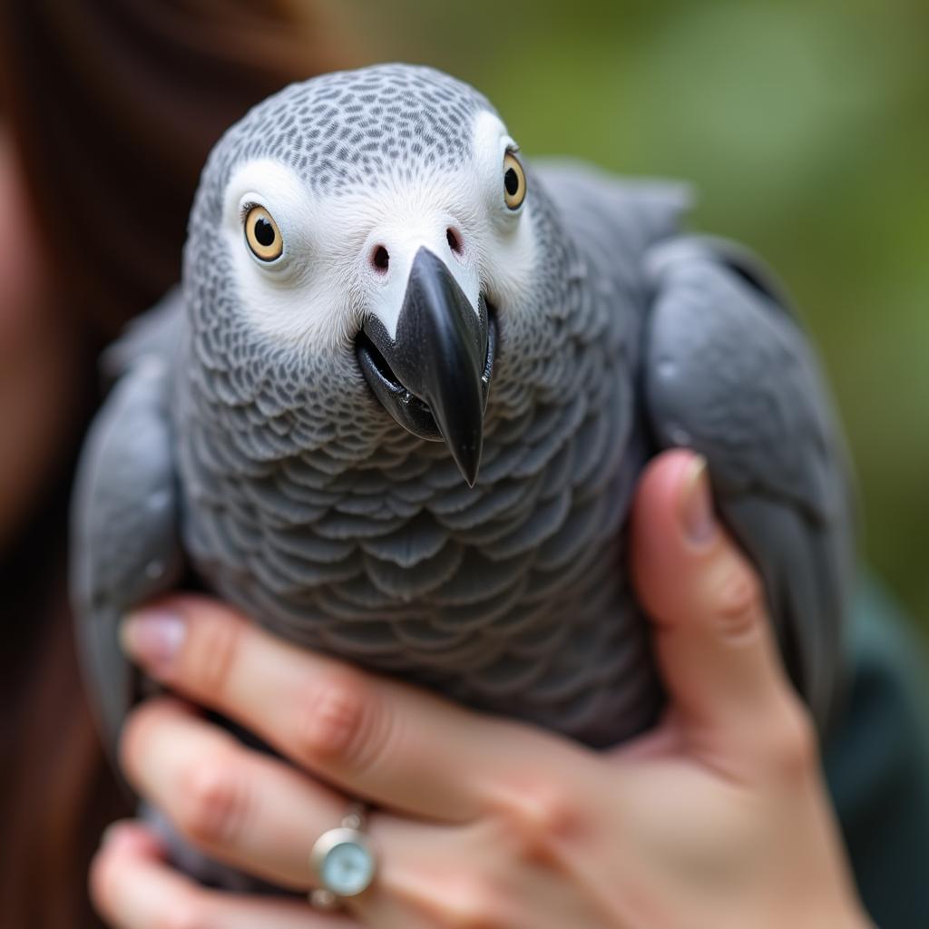 African Grey Parrot Interacting with Owner