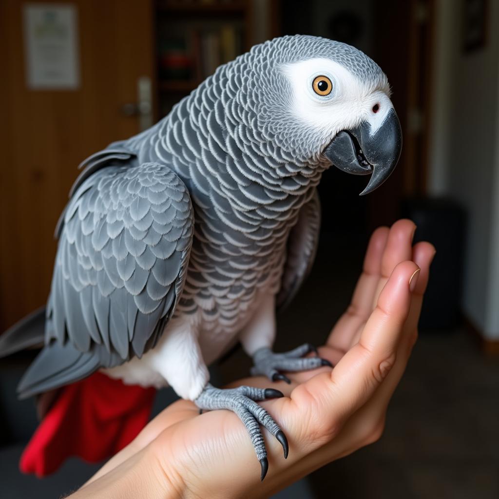 African Grey Parrot Interacting with its Owner