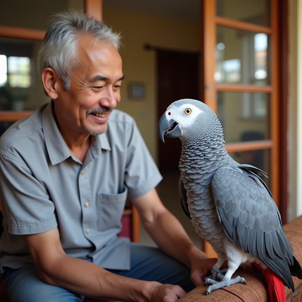 African Grey Parrot Interacting with Owner in India