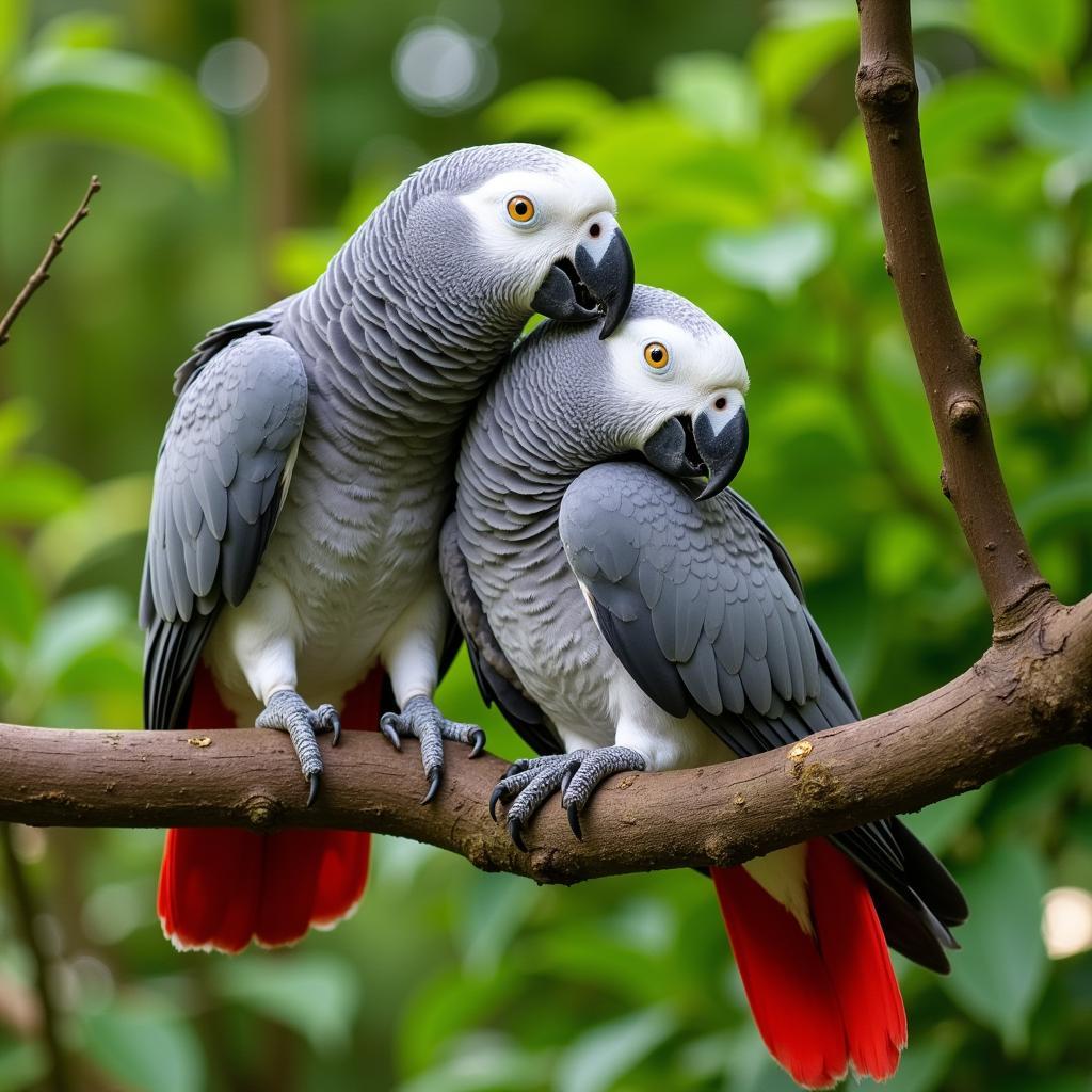 Two African Grey Parrots socializing in rainforest canopy