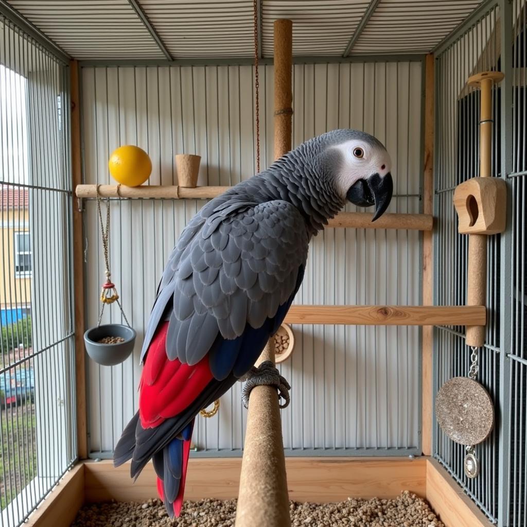 African Grey Parrot in a Spacious Corner Cage