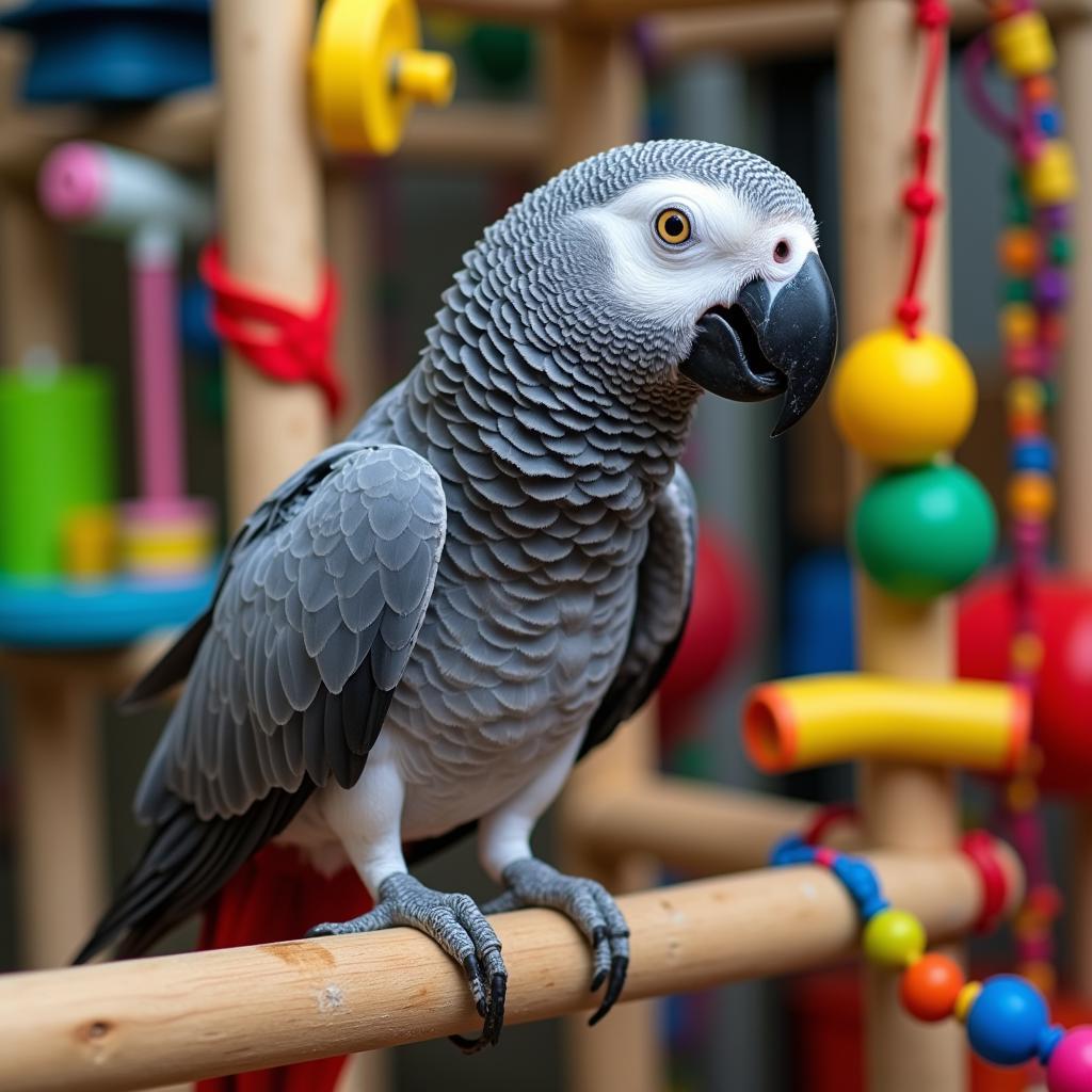 African Grey Perched on a Play Stand with Toys