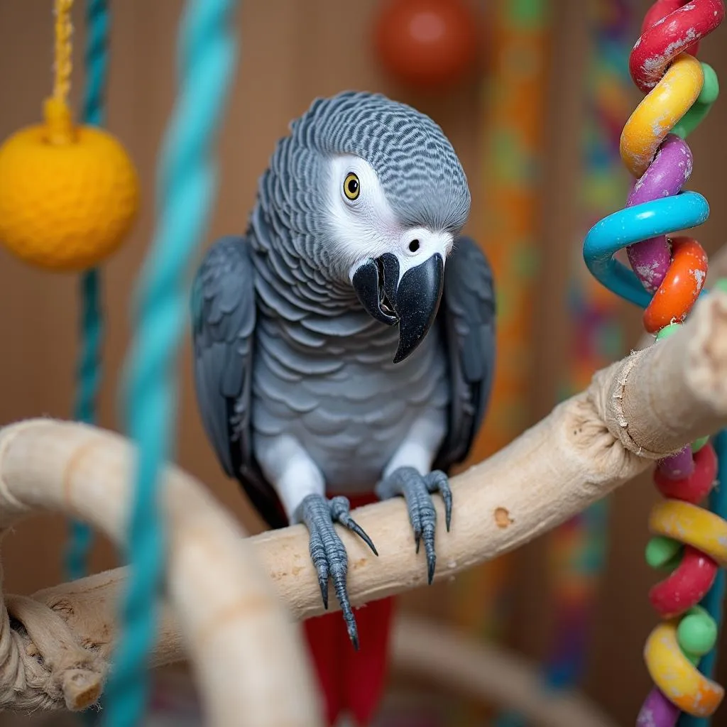 African Grey Parrot Playing with Colorful Toys on a Play Gym