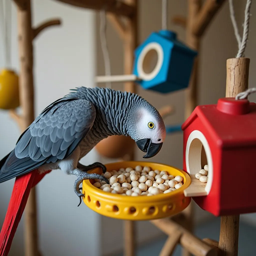 African Grey Parrot Foraging on a Play Gym