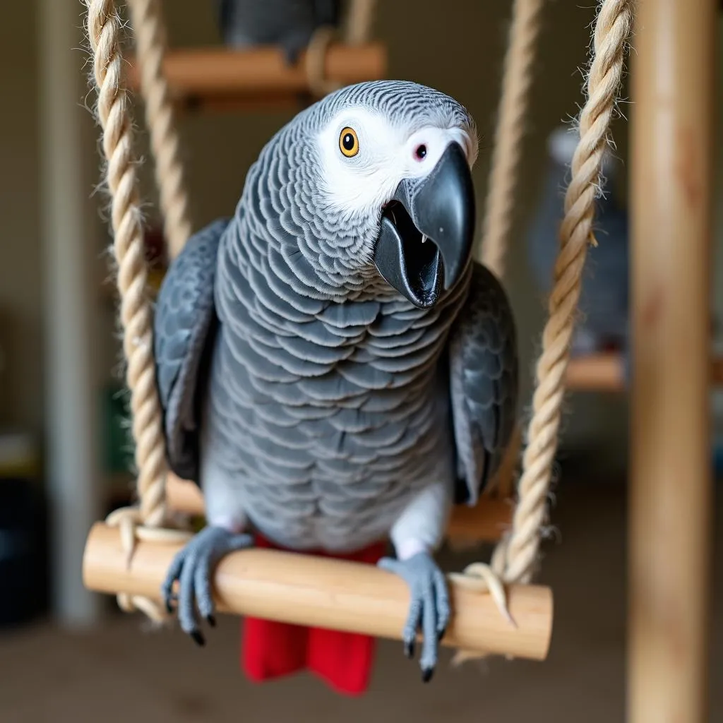 African Grey Parrot Swinging on a Play Gym