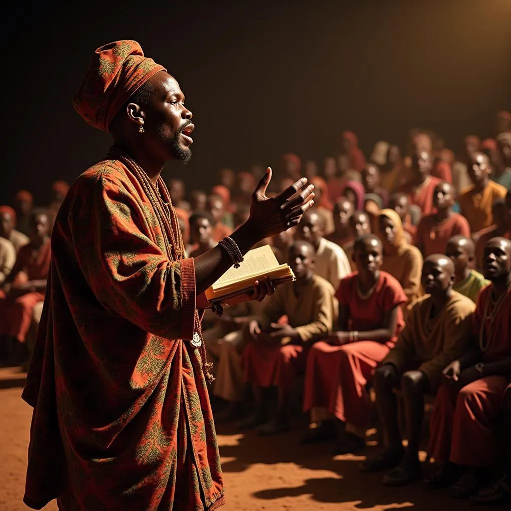 African griot sharing stories with a captivated audience