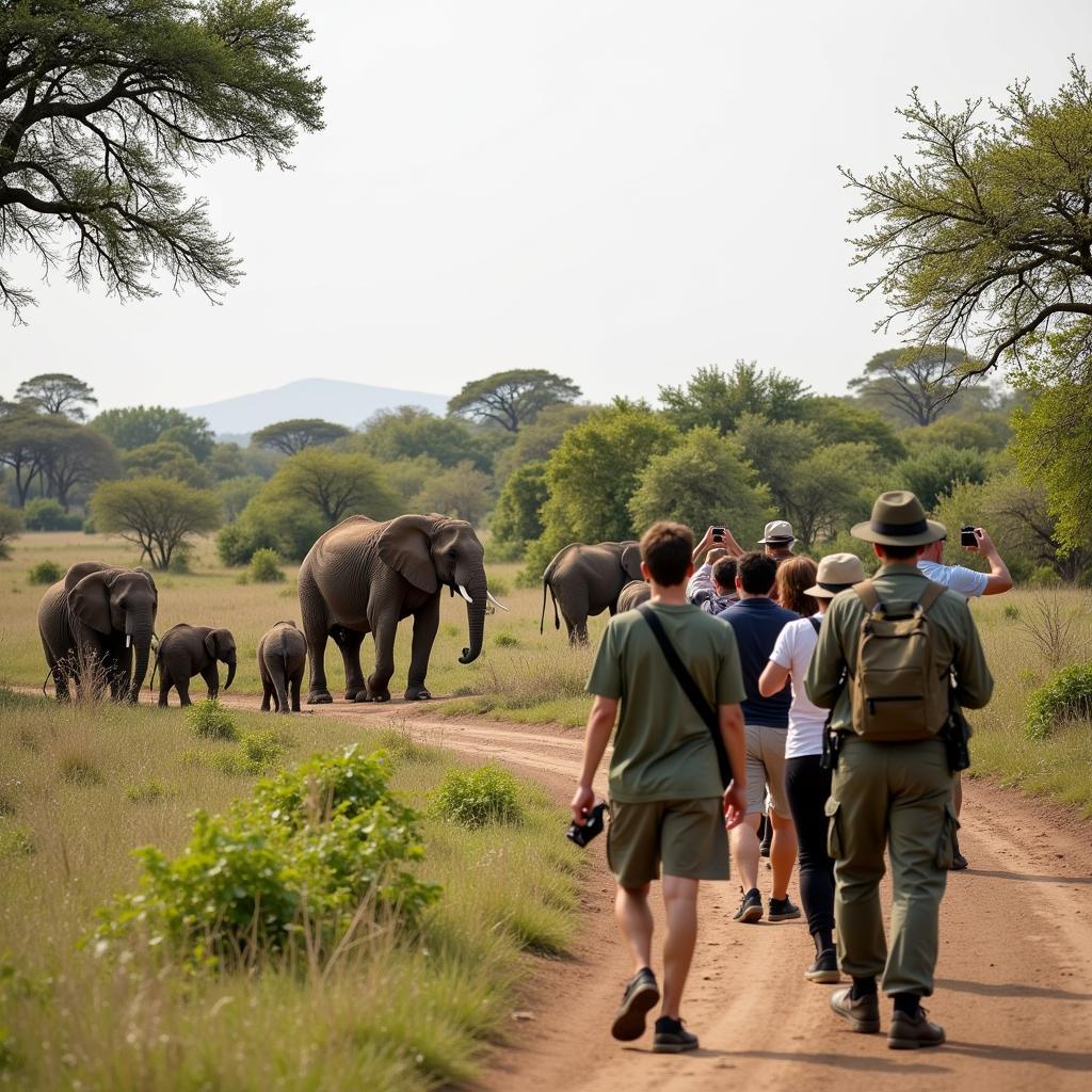 African safari group encounters wildlife