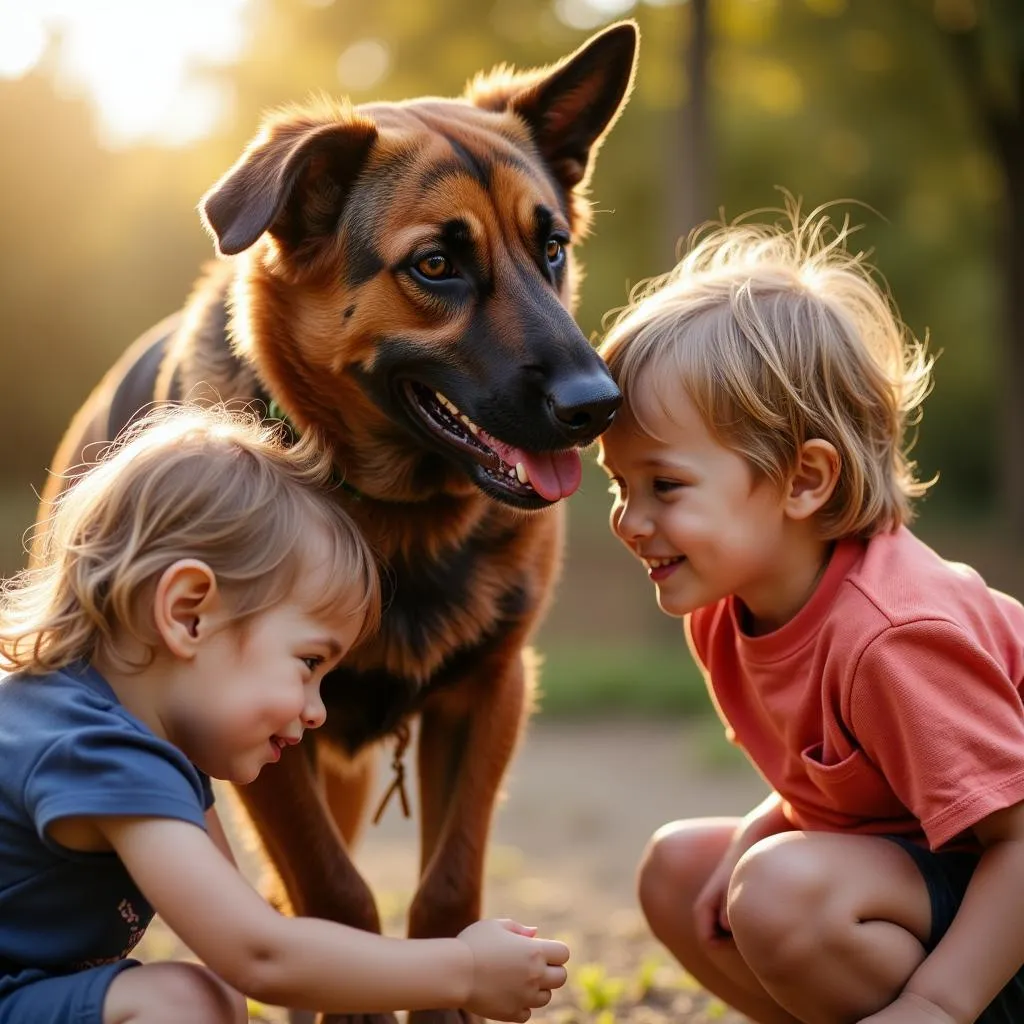 African guard dog bonding with a family