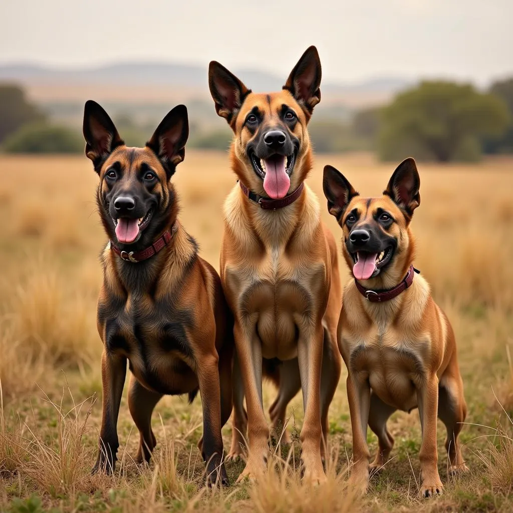 African guard dogs standing tall in the savannah