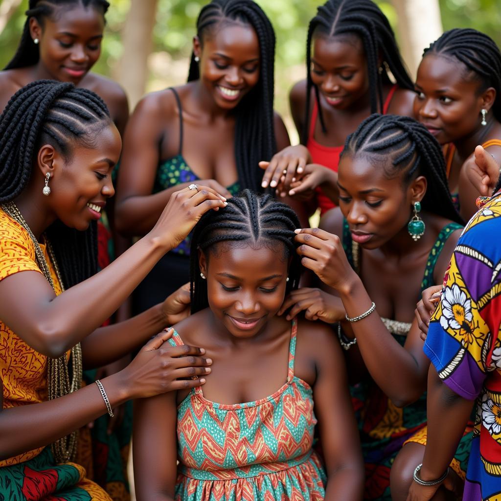 Women participating in a traditional African hair braiding ceremony