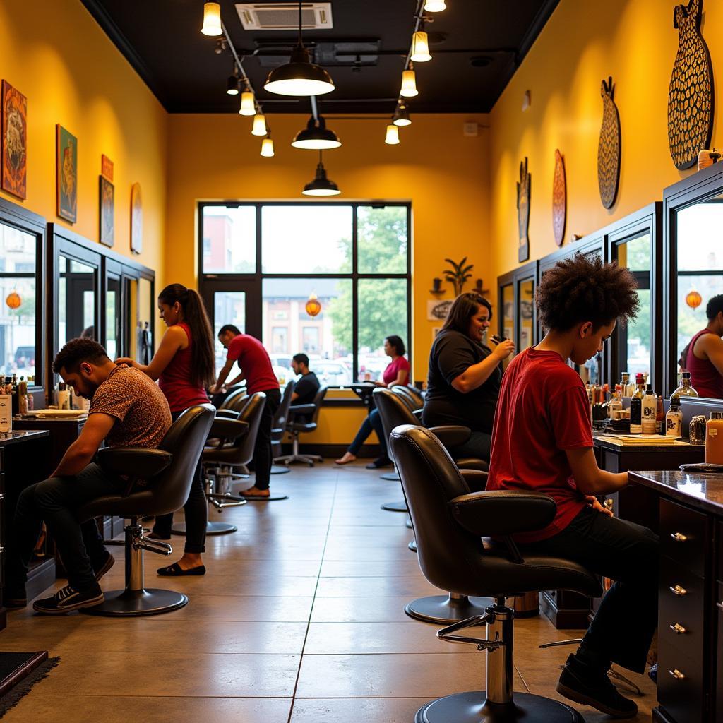 Interior of a busy African hair braiding salon in Waterbury, CT