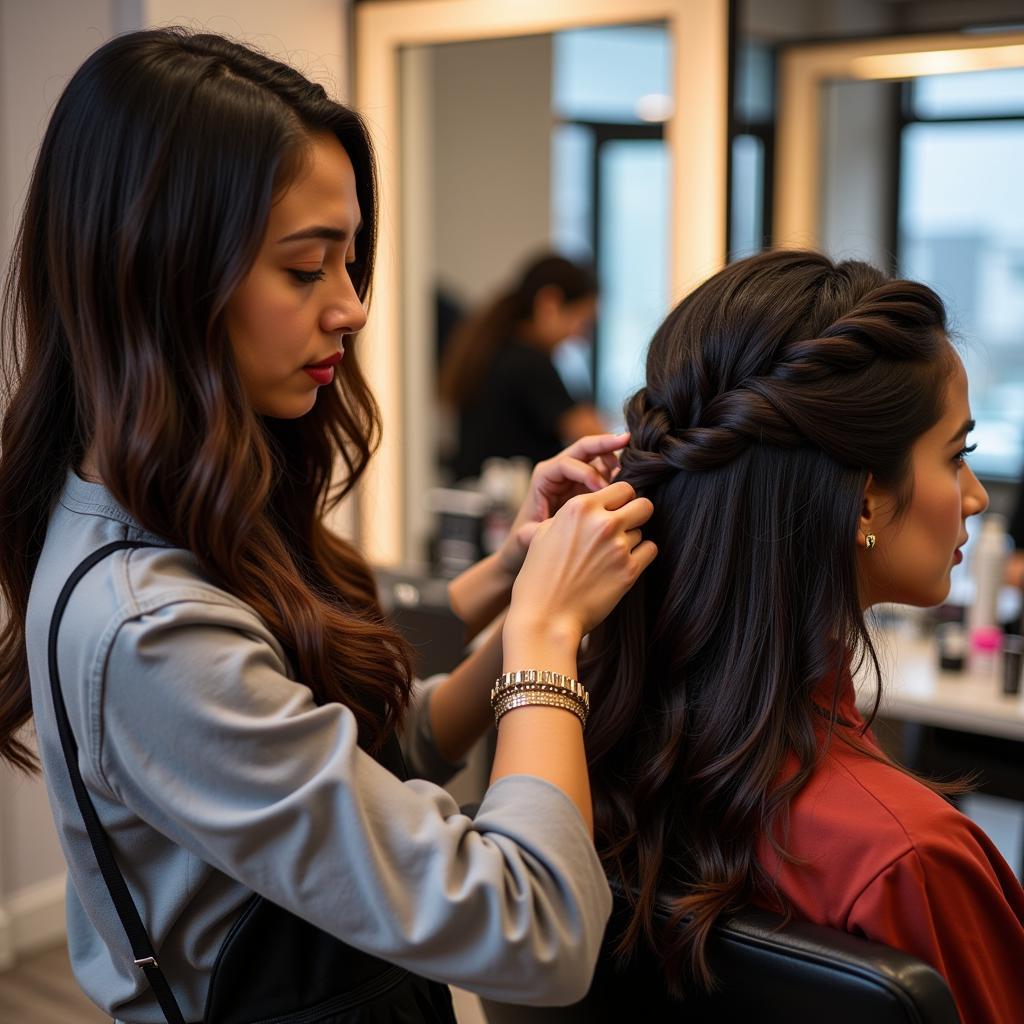 Woman getting her hair braided in a Bengaluru salon