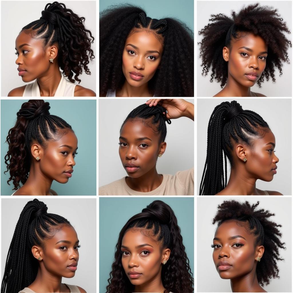 Collage of various African hairstyles including braids, locs, twists, and natural styles