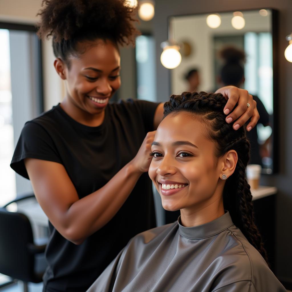 African Hairdresser Styling Client's Hair in Dubai Salon