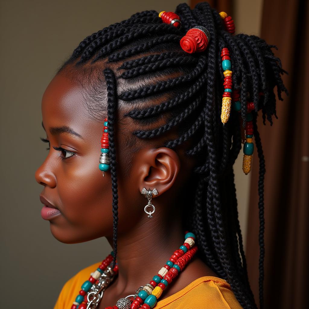 African women with intricate braided hairstyles adorned with beads