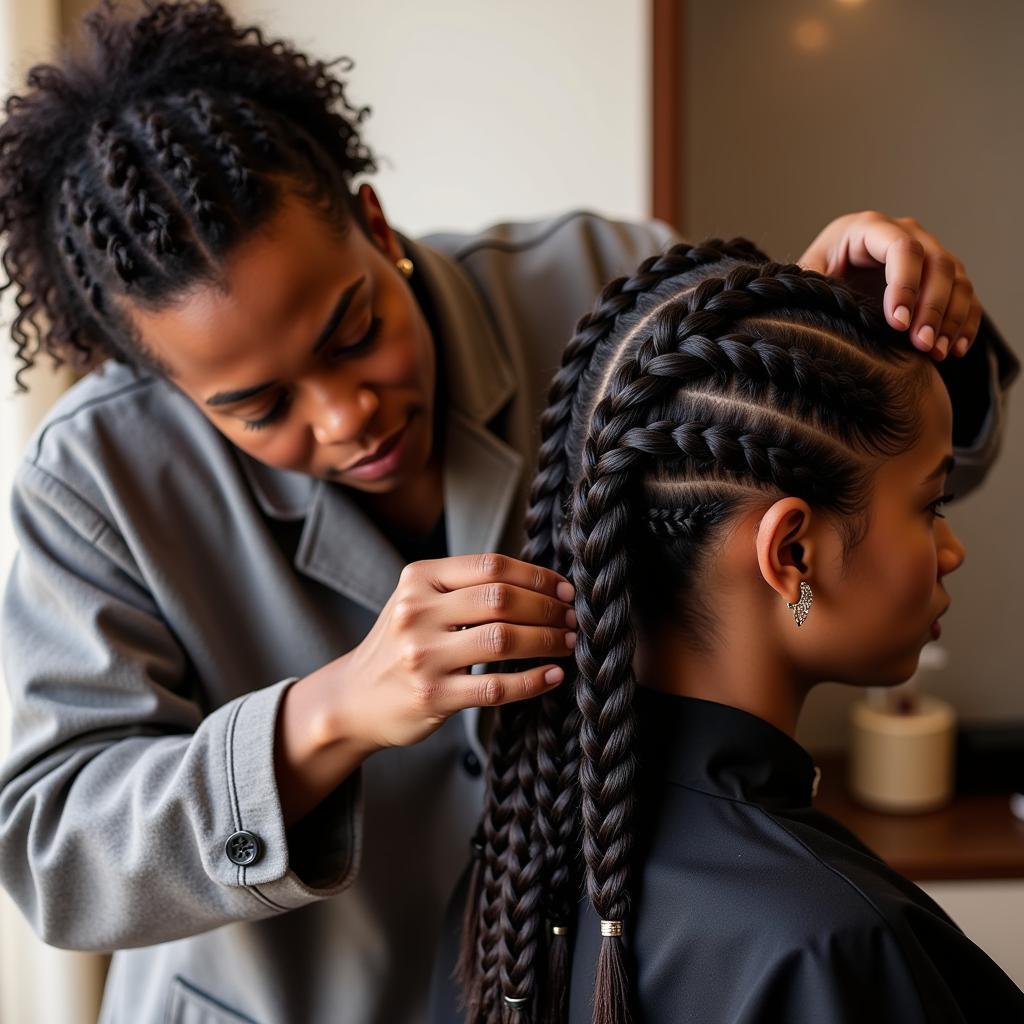 African Hairstylist Creating Intricate Braids in Dubai