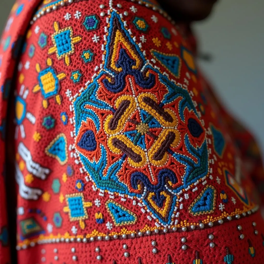 Maasai woman wearing traditional embroidered clothing