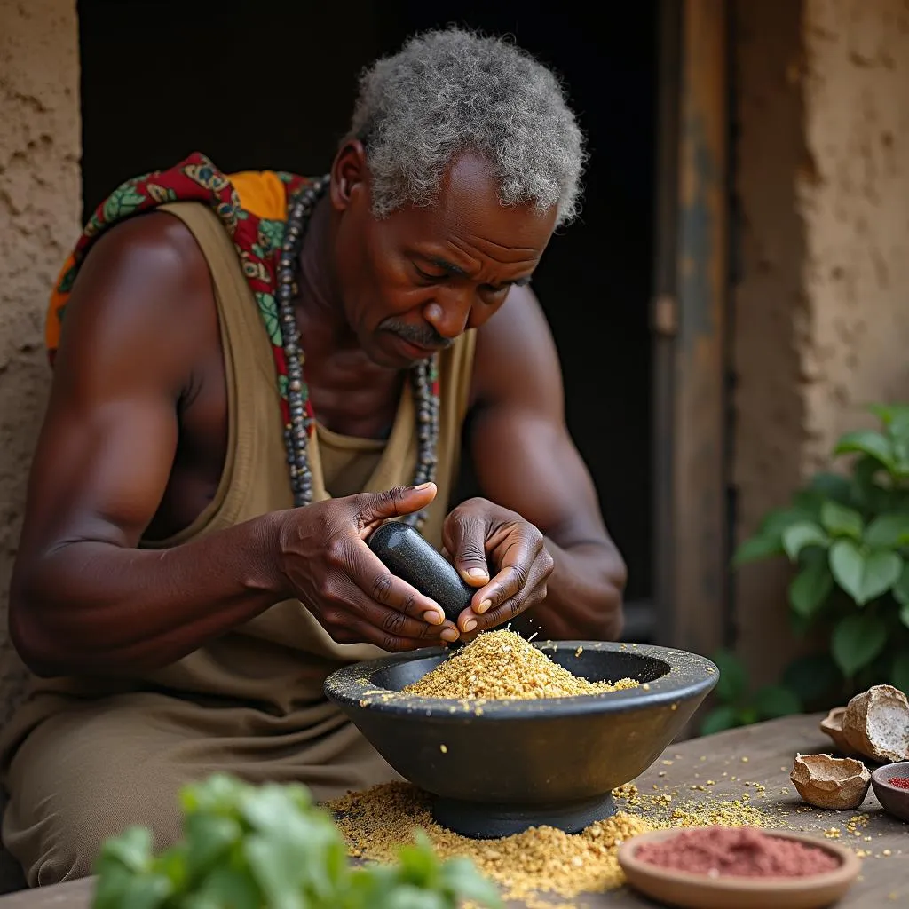 African Healer Preparing Remedy