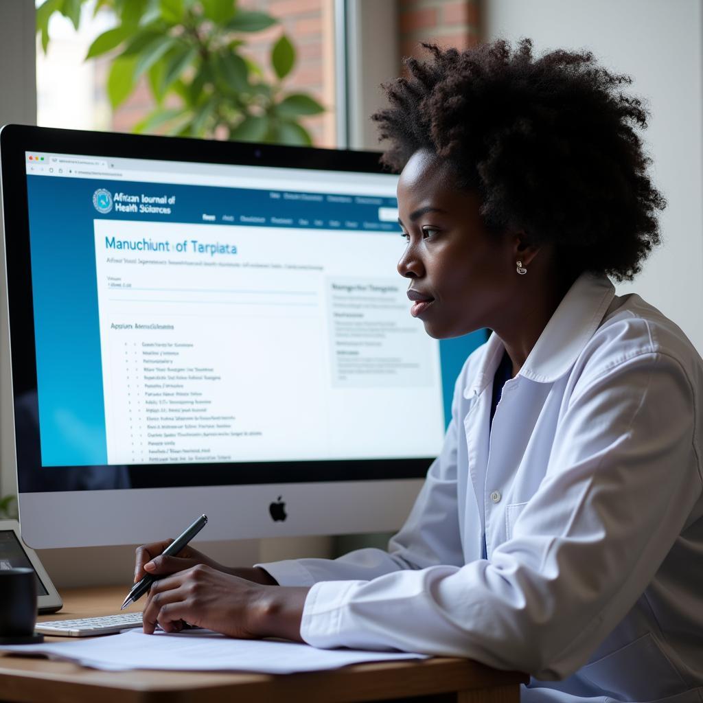 A scientist meticulously working on a research paper for the African Journal of Health Sciences