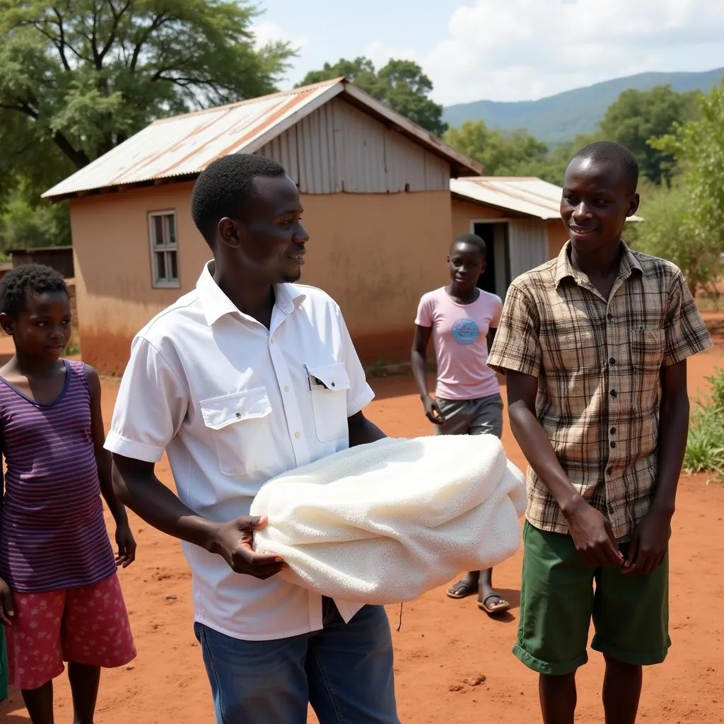 Healthcare worker distributing mosquito nets