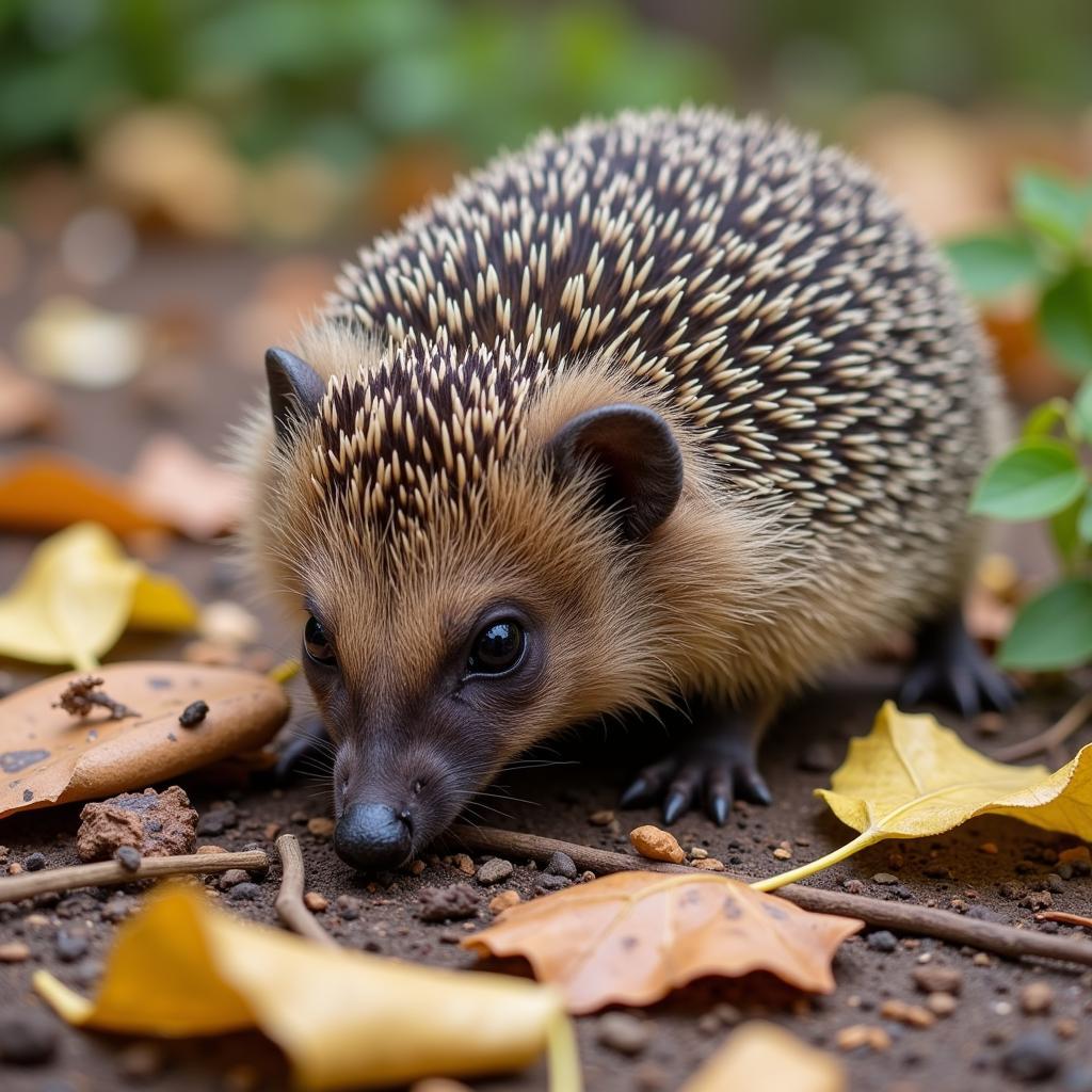 African hedgehog eating insects in the wild